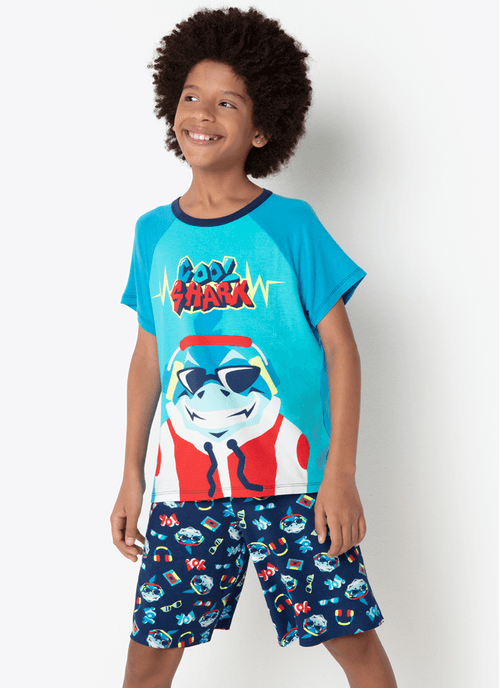 Pijama Manga Curta Viscolycra Menino Teen Tubarão Hip Hop