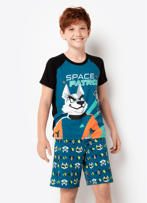 Pijama Manga Curta Menino Viscolycra Lobo Space Brilha no Escuro