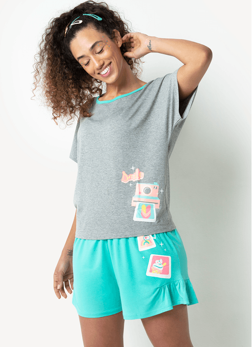 Pijama Manga Curta Viscolycra Adulto Gata