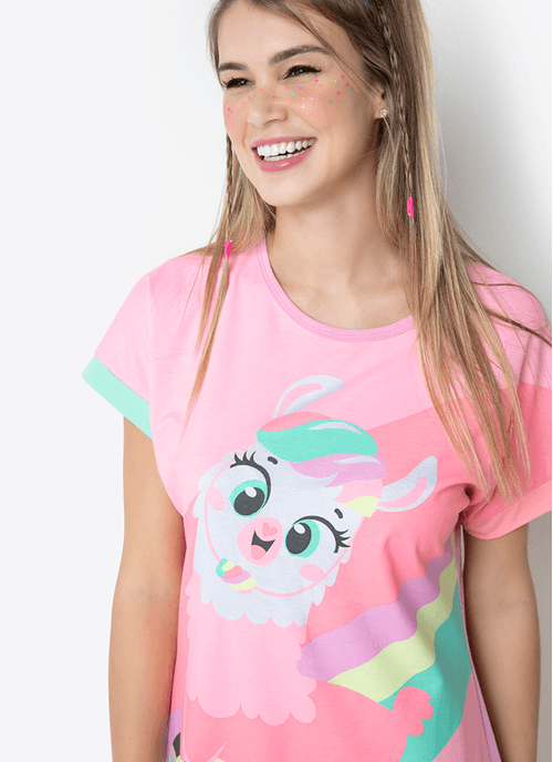 Camisola Manga Curta Viscolycra Feminino Lhama Retrô