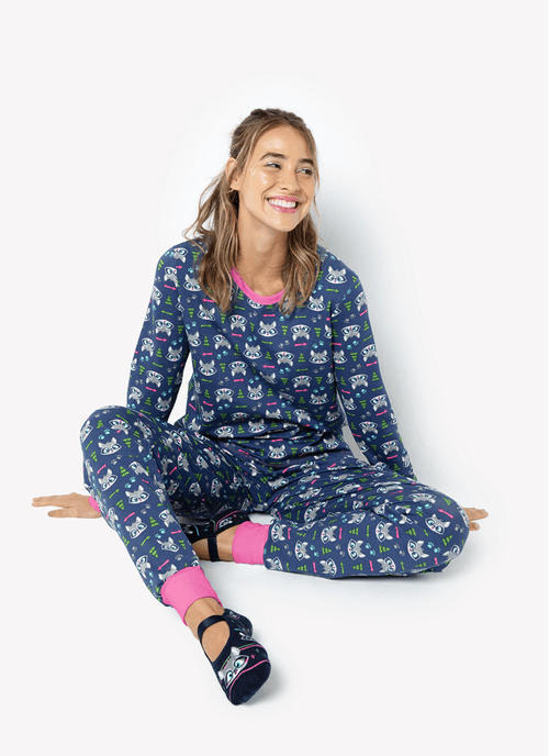Pijama Manga Longa Feminino Viscolycra Premium Família Guaxinim