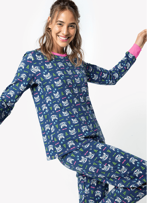 Pijama Manga Longa Feminino Viscolycra Premium Família Guaxinim