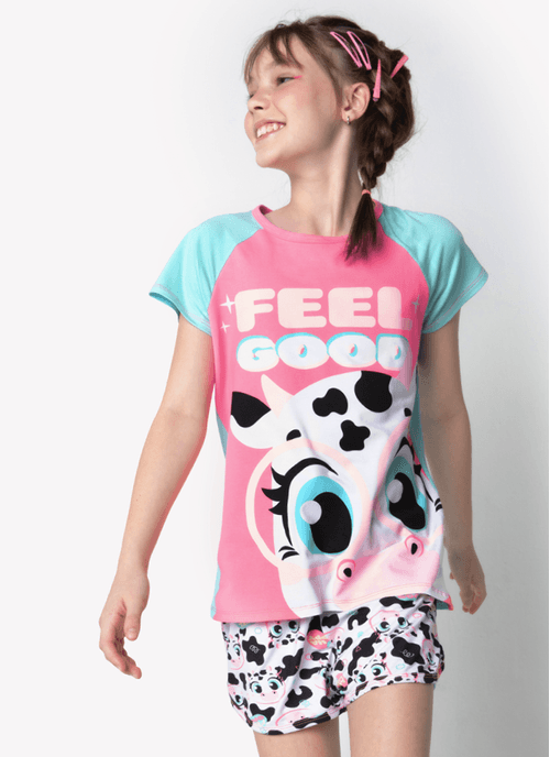 Pijama Manga Curta Viscolycra Menina Teens Vaca Colorful