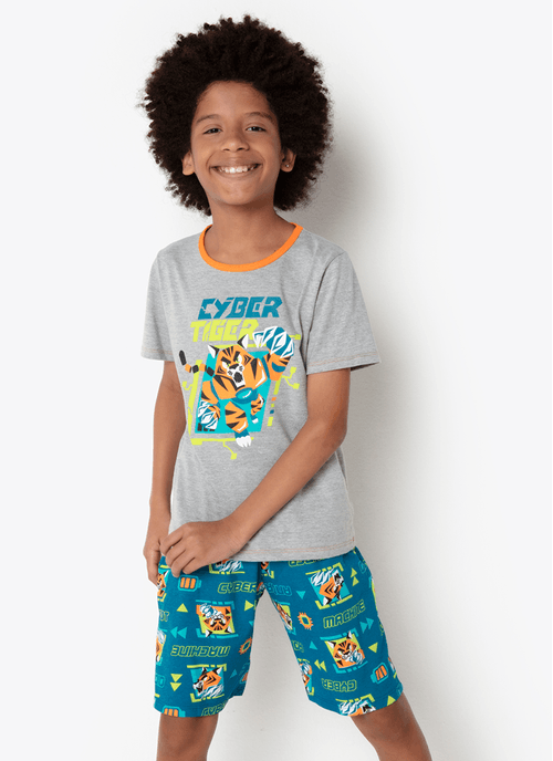 Pijama Manga Curta Algodão Menino Teen Tigre Robô