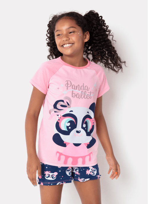 Pijama Manga Curta Menina Teen Viscolycra Panda Bailarina