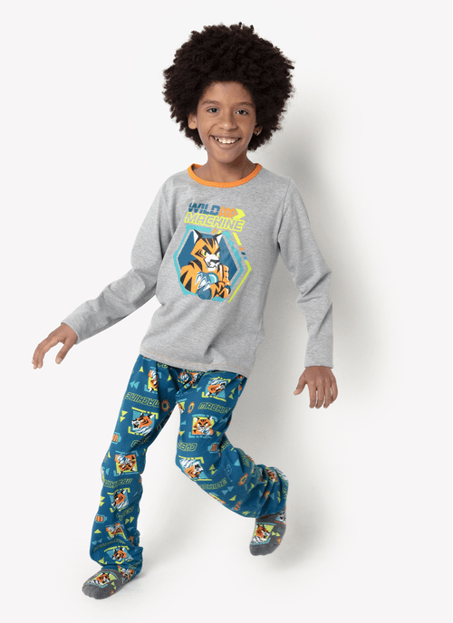 Pijama Manga Longa Algodão Masculino Tigre Robô