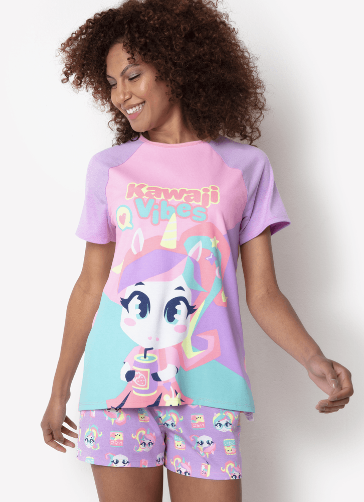 Pijama-Manga-Curta-Viscolycra-Feminino-Unicornio-Kawaii