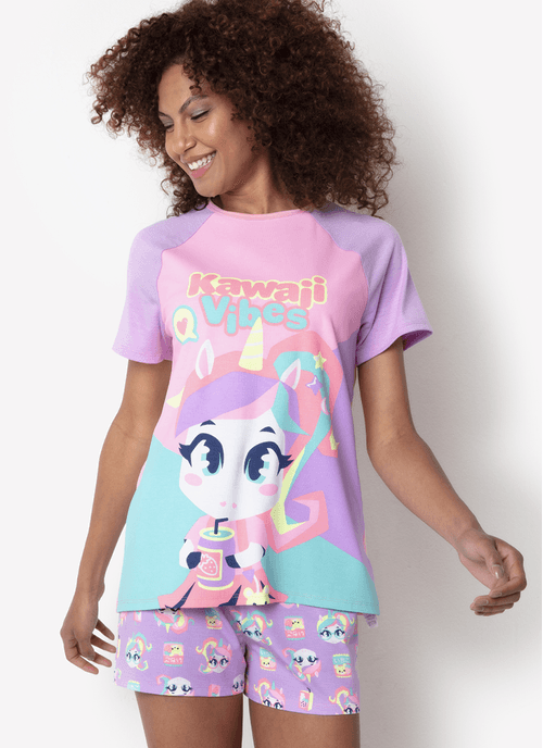 Pijama Manga Curta Viscolycra Feminino Unicórnio Kawaii