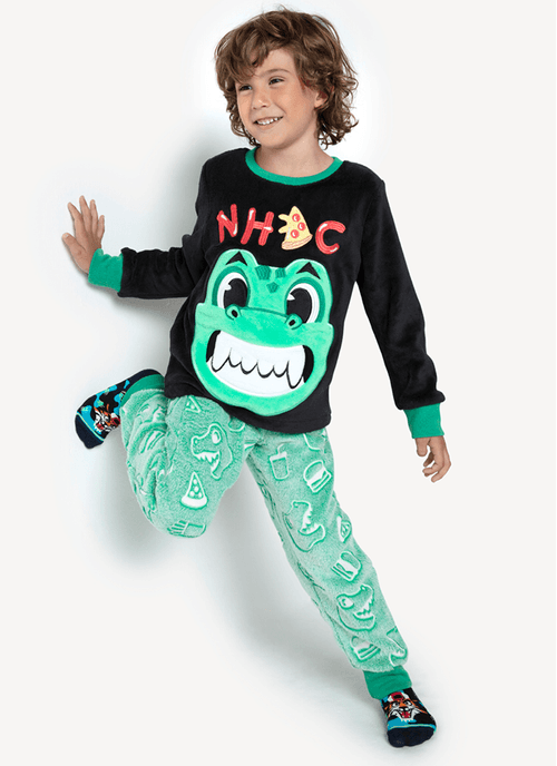 Pijama Manga Longa Menino Soft Dino Food - Brilha no Escuro