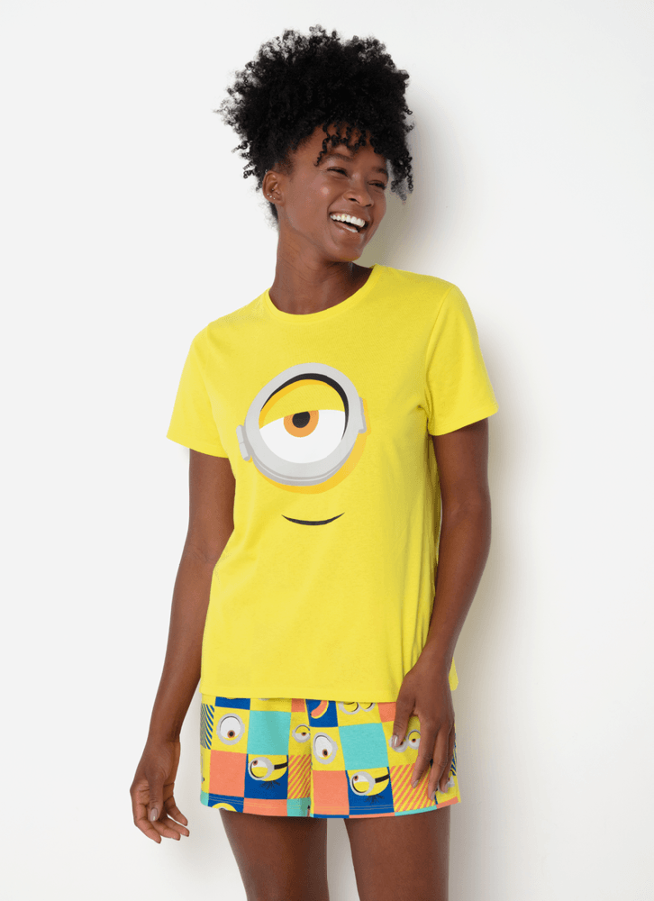 Pijama-Manga-Curta-Algodao-Adulto-Unissex-Minions