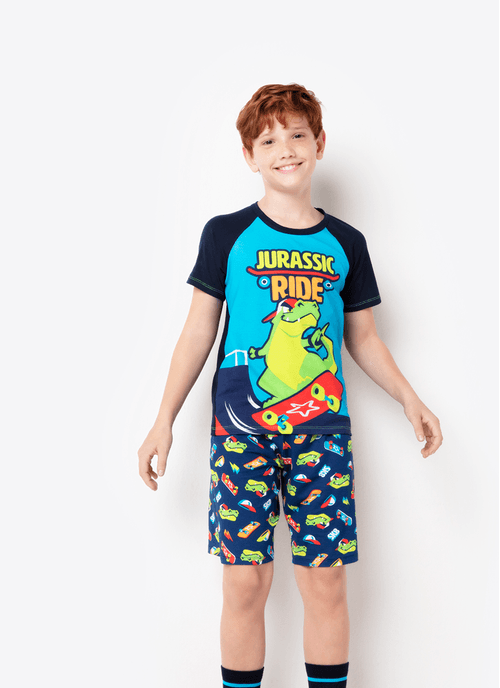 Pijama Manga Curta Menino Viscolycra Dinossauro Skate