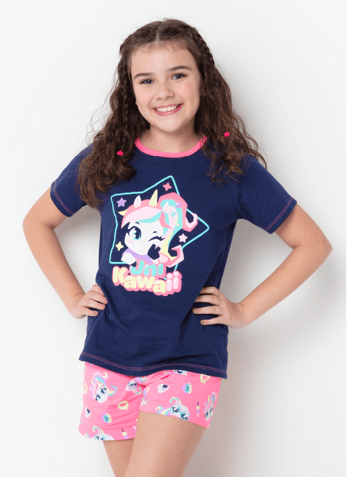 Pijama Manga Curta Algodão Menina Teen Unicórnio Kawaii