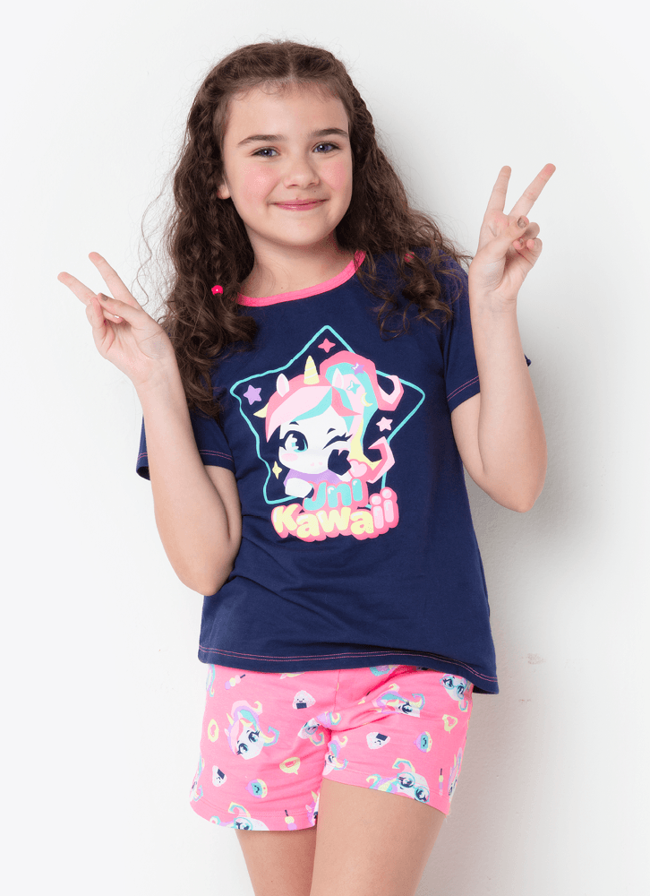 Pijama-Manga-Curta-Algodao-Menina-Teen-Unicornio-Kawaii