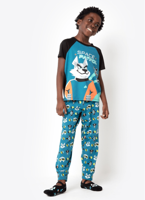 Pijama Longo Manga Curta Menino Viscolycra Lobo Space Brilha no Escuro