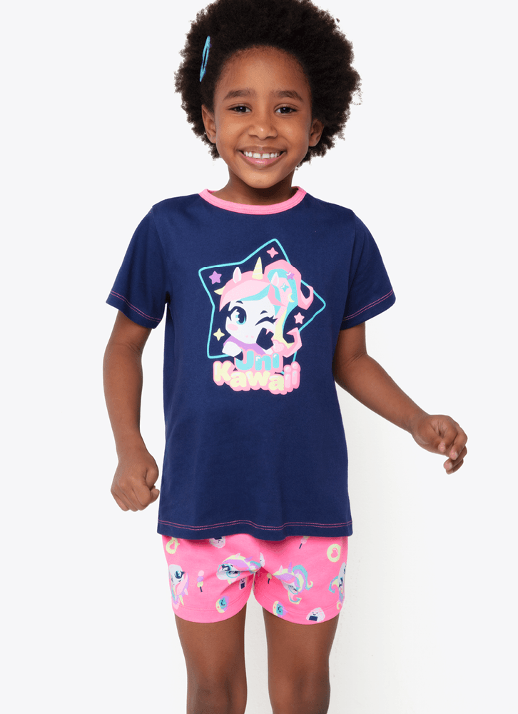 Pijama-Manga-Curta-Algodao-Menina-Unicornio-Kawaii