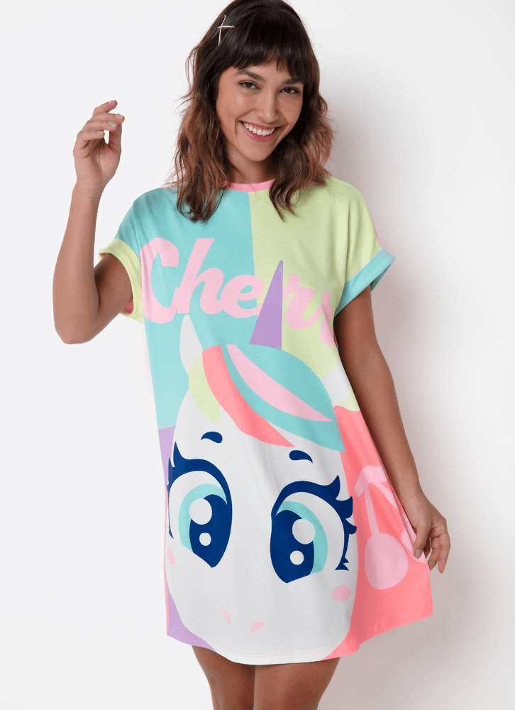 Camisola-Manga-Curta-Viscolycra-Feminino-Unicornio-Cherry