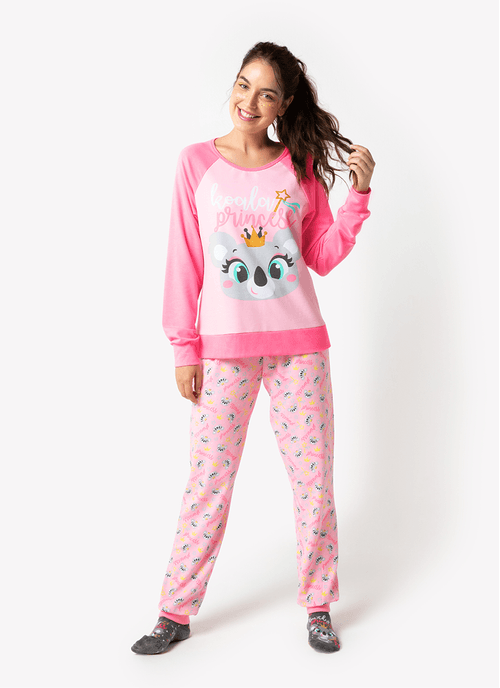 Pijama Manga Longa Feminino Viscolycra Premium Coala Princess