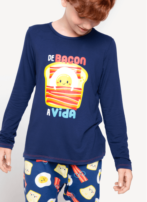 Pijama Manga Longa Menino Viscolycra Família de Bacon a Vida