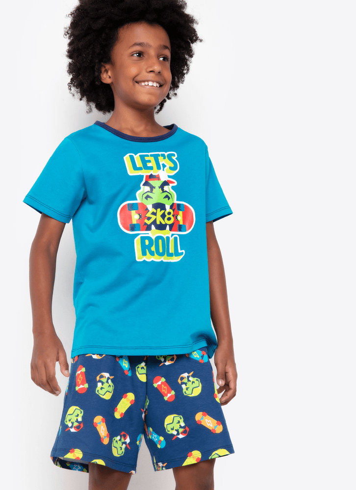 Pijama-Manga-Curta-Menino-Algodao-Dinossauro-Skate