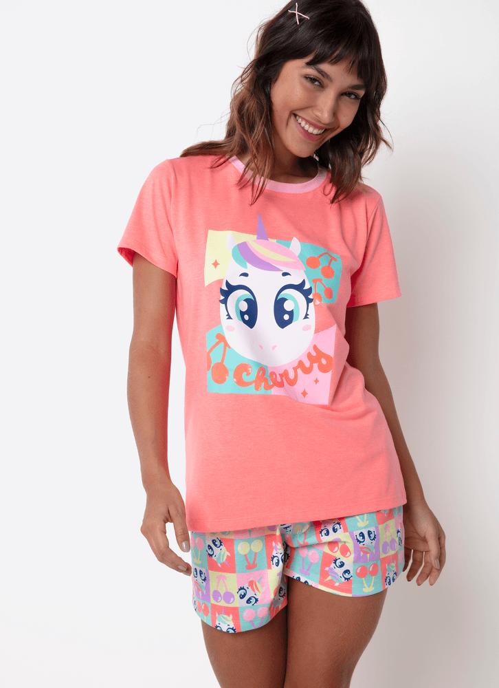 Pijama-Manga-Curta-Algodao-Feminino-Unicornio-Cherry