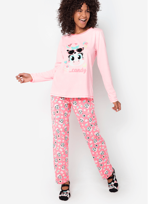 Pijama Manga Longa Feminino Algodão Vaca