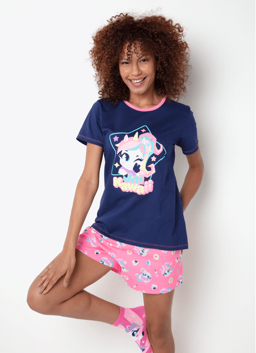 Pijama Manga Curta Algodão Feminino Unicórnio Kawaii