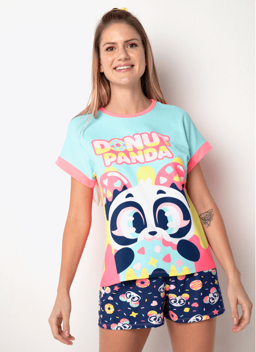 Pijama Manga Curta Viscolycra Feminino Panda Donuts