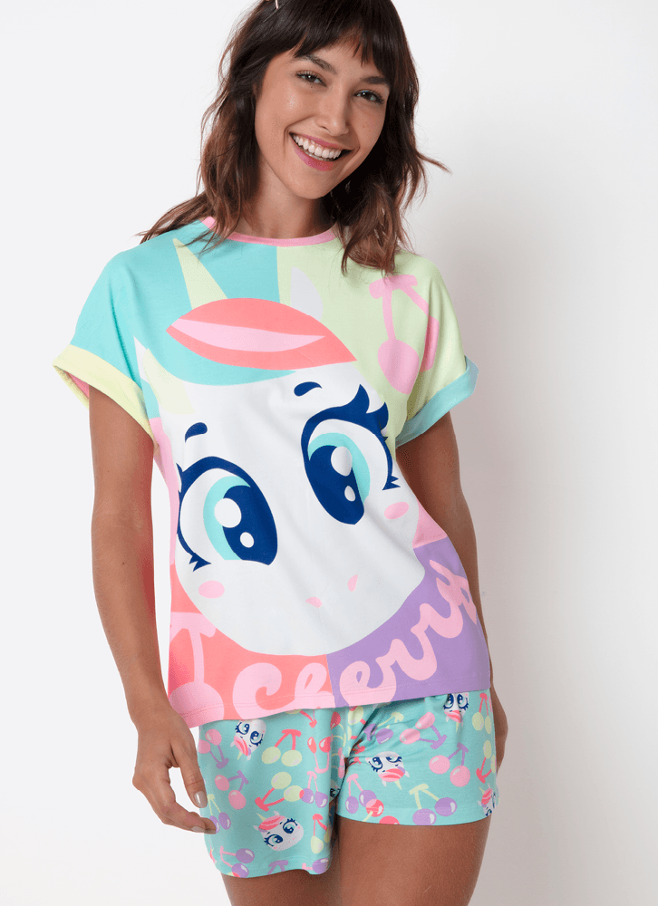 Pijama-Manga-Curta-Viscolycra-Feminino-Unicornio-Cherry