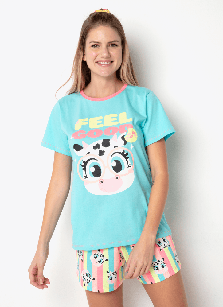 Pijama-Manga-Curta-Algodao-Feminino-Vaca-Colorful