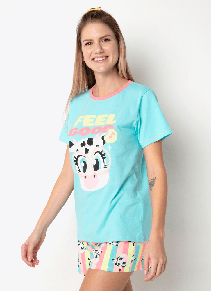 Pijama-Manga-Curta-Algodao-Feminino-Vaca-Colorful