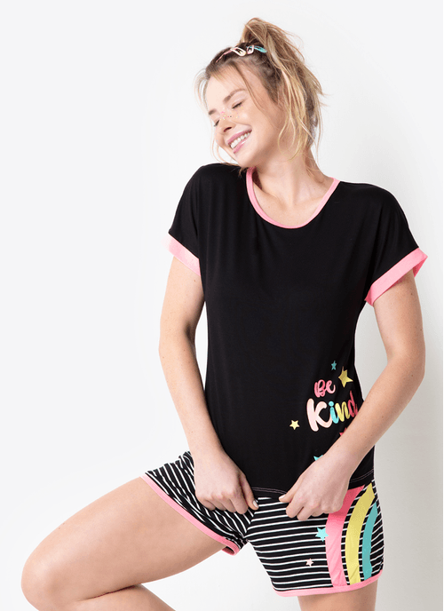 Pijama Manga Curta Viscolycra Feminino Cisne Rainbow