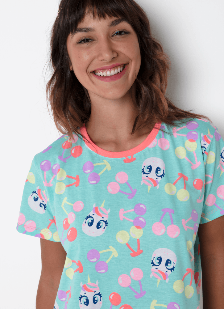 Camisola-Manga-Curta-Algodao-Feminina-Unicornio-Cherry