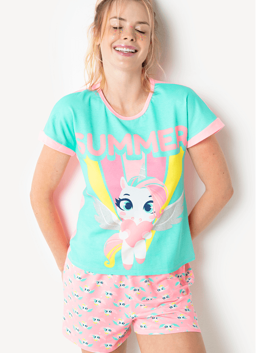 Pijama Manga Curta Feminino Viscolycra Unicórnio Love