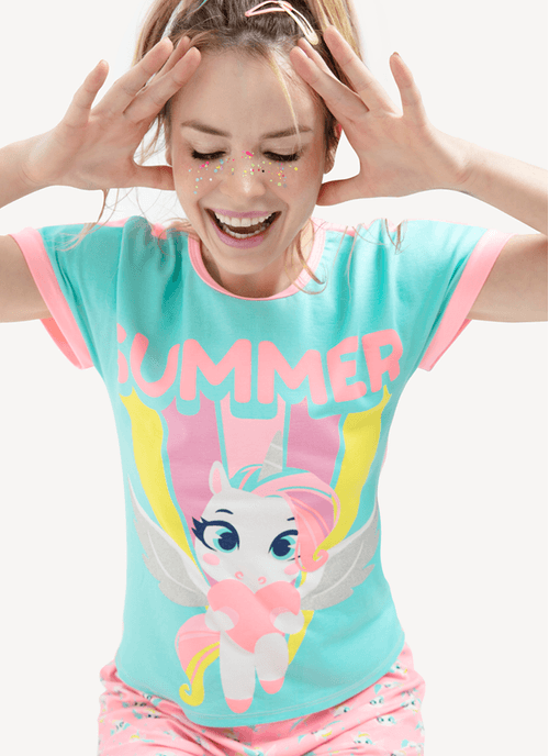 Pijama Manga Curta Feminino Viscolycra Unicórnio Love