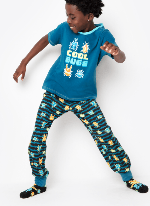 Pijama Longo Manga Curta Menino Teen Viscolycra Pixel Bugs Brilha no Escuro