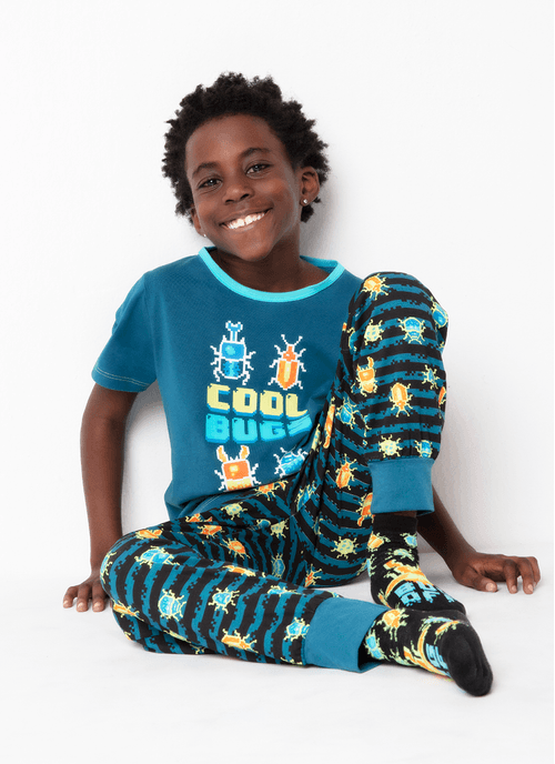 Pijama Longo Manga Curta Menino Teen Viscolycra Pixel Bugs Brilha no Escuro