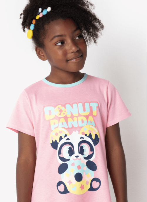 Camisola Manga Curta Algodão Feminino Panda Donuts