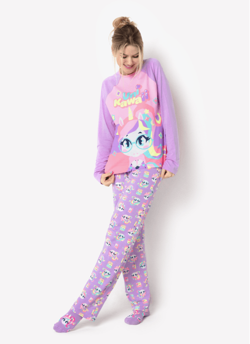 Pijama Manga Longa Viscolycra Feminino Unicórnio Kawaii