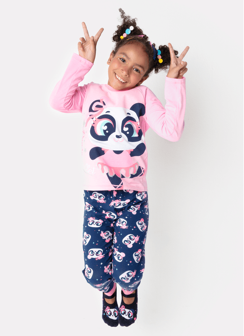 Pijama Manga Longa Menina Viscolycra Panda Bailarina