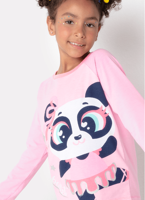 Pijama Manga Longa Menina Viscolycra Panda Bailarina