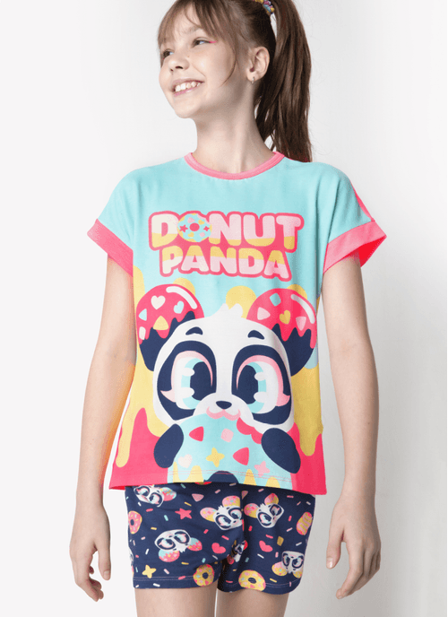 Pijama Manga Curta Viscolycra Feminino Panda Donuts