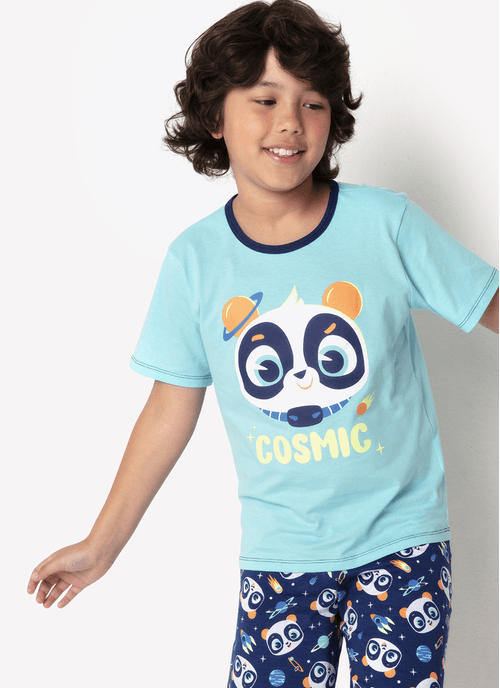 Pijama Manga Curta Algodão Menino Teen Família Panda