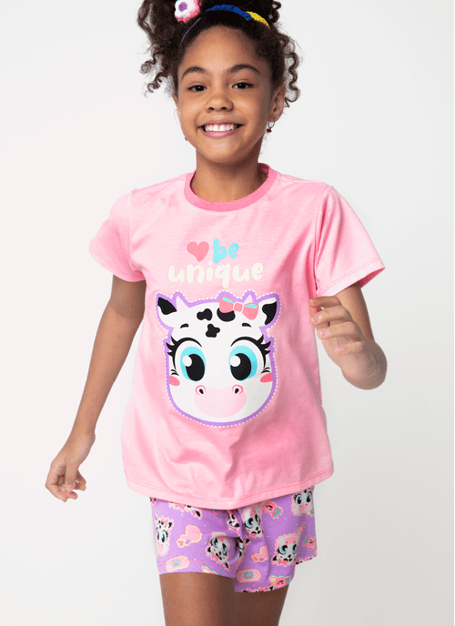 Pijama Manga Curta Algodão Menina Teen Vaca Patches