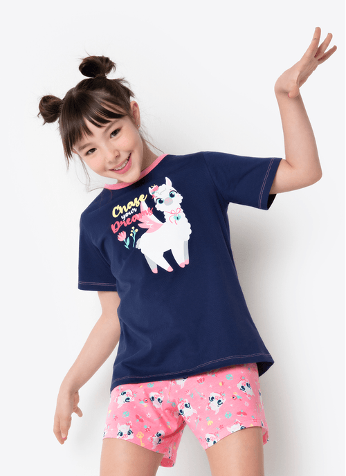Pijama Manga Curta Menina Algodão Lhama Secret