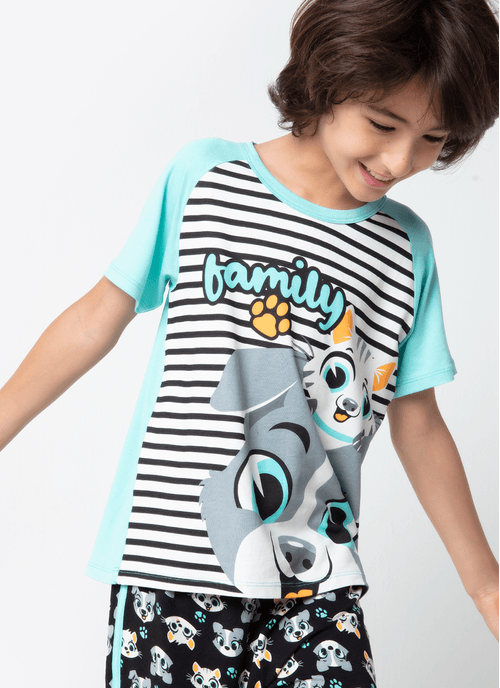 Pijama Manga Curta Menino Teen Viscolycra Família Pets
