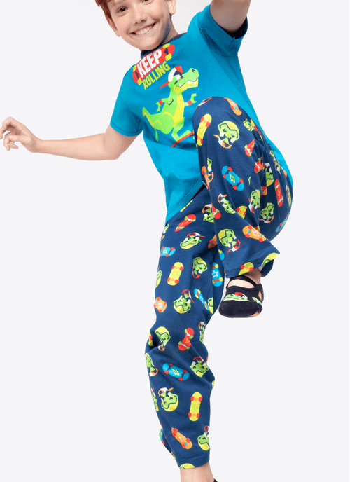 Pijama Manga Curta Menino Teen Algodão Dinossauro Skate