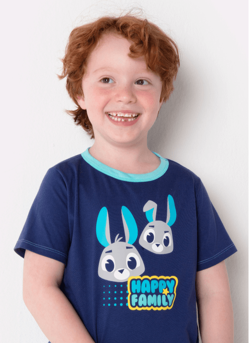 Pijama Manga Curta Menino Algodão Família Coelho