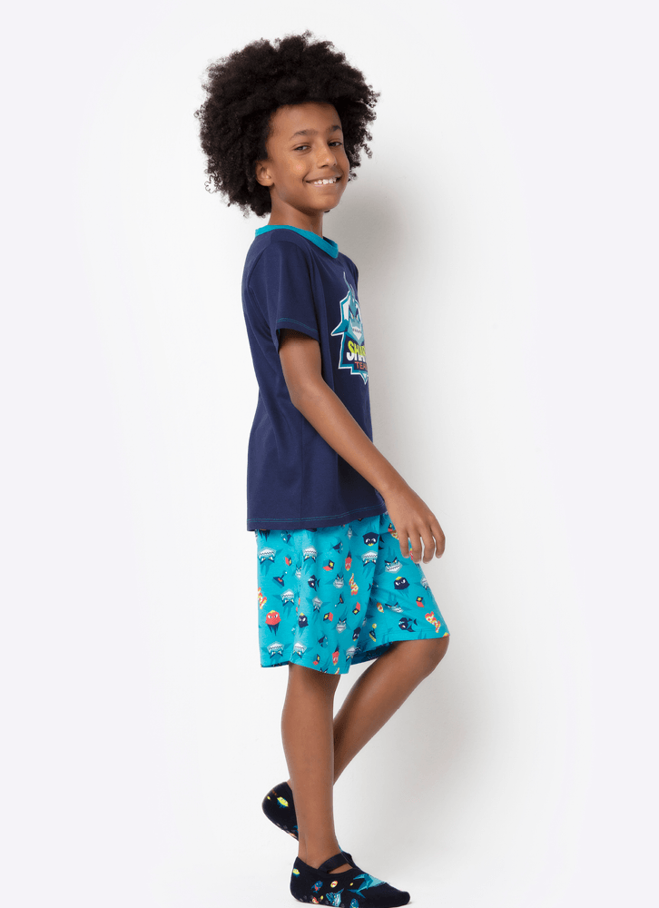 Pijama-Manga-Curta-Menino-Algodao-Tubarao-Gamer
