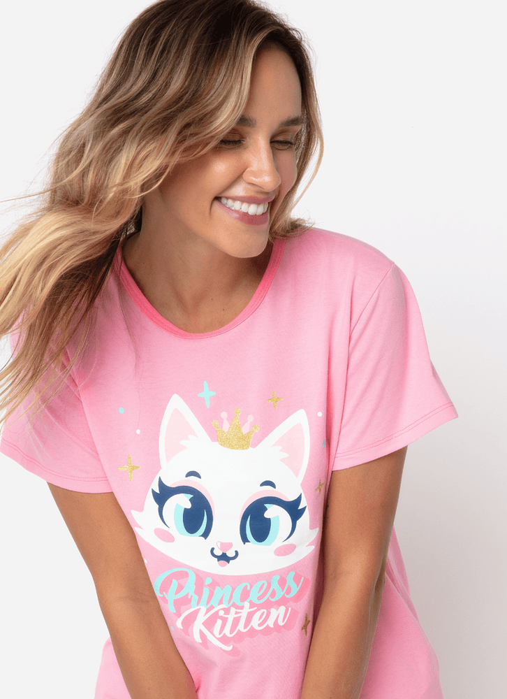 Pijama-Manga-Curta-Algodao-Feminino-Gata-Romantica