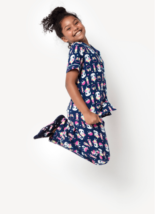 Pijama Longo Manga Curta Menina Teen Viscose Unicórnio Skate